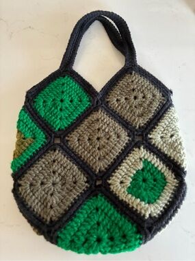 OOAK Handmade Crochet Patchwork Tote Bag - Green & Gray
